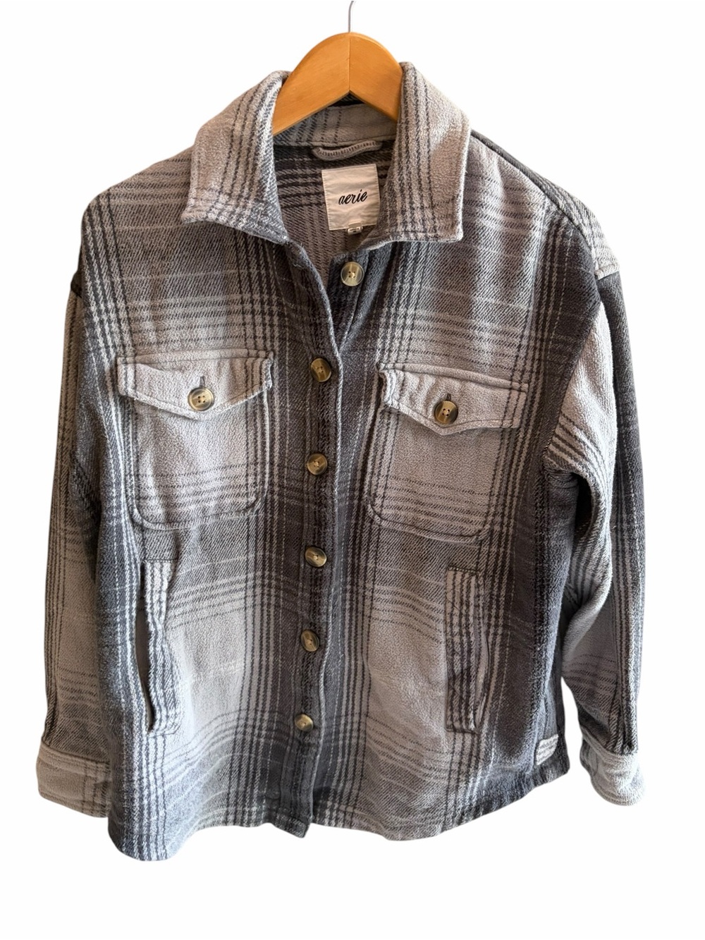 AERIE Woven Soft Shacket Silver Shadow Flannel - Picture 6 of 9
